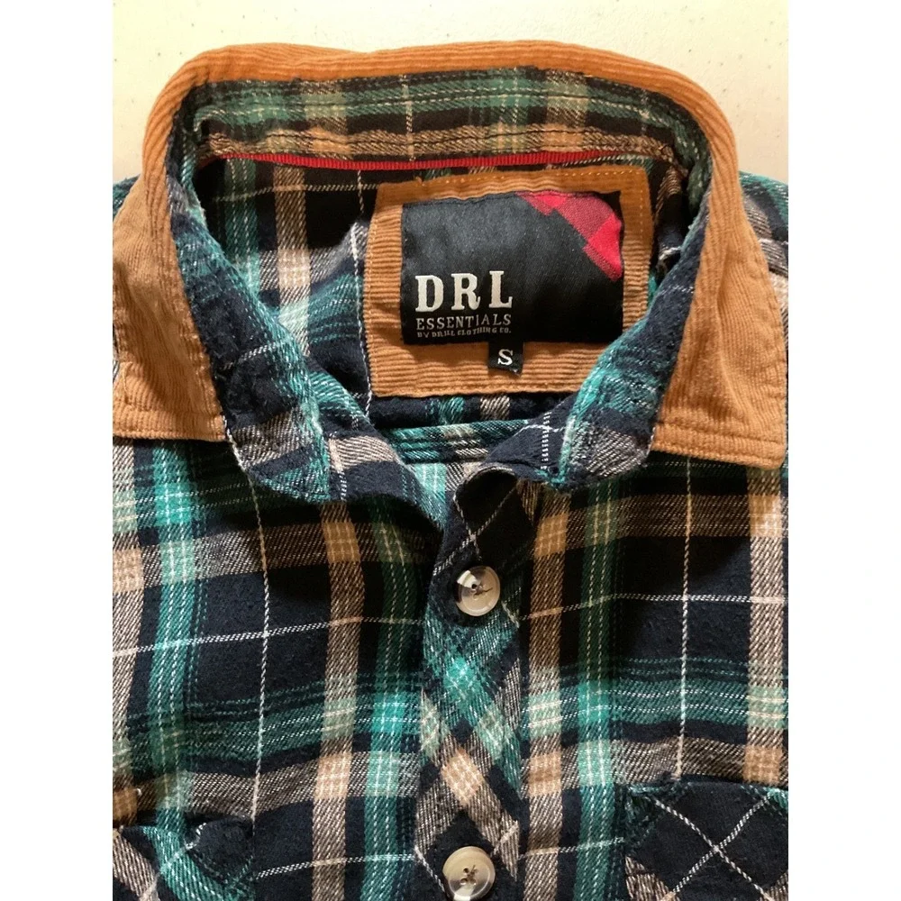 DRL‎ Essentials Plaid Flannel Corduroy Collar Elbow Patch Button Up Shirt Size S